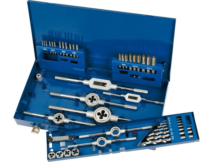 Sortiment závitů s matricemi M 3-12 44 ks.